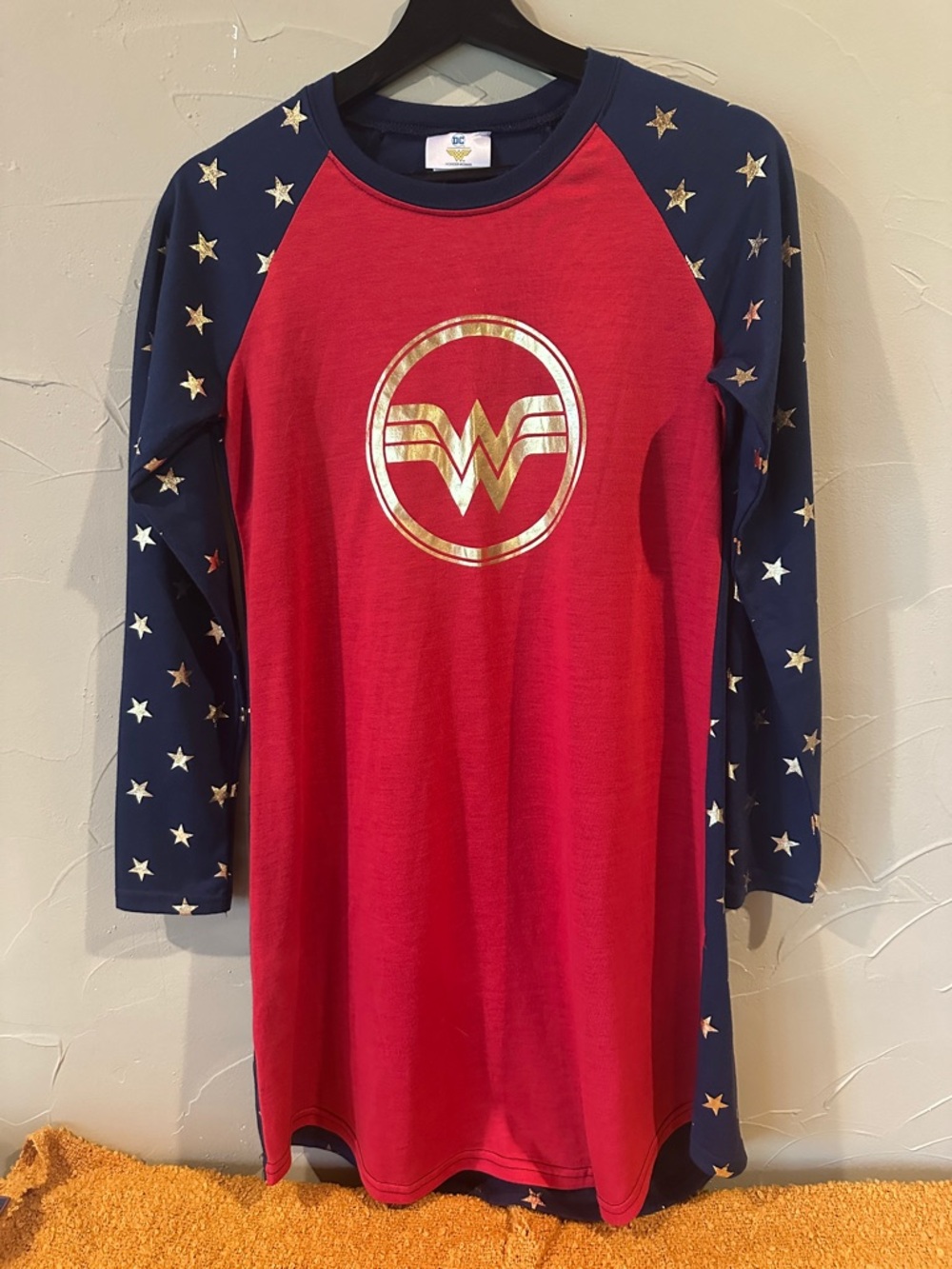 DC Wonder Woman Red Nightshirt with Navy Star Sleeves and Gold Logo